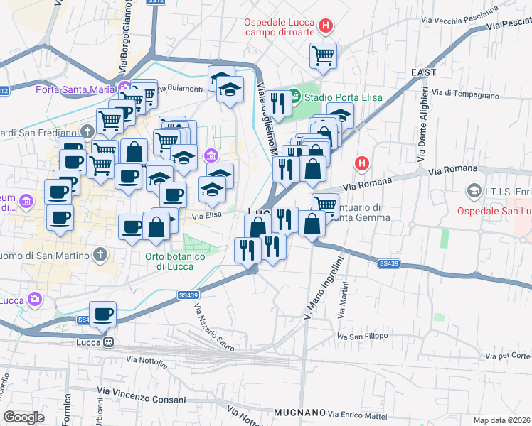 map of restaurants, bars, coffee shops, grocery stores, and more near in Lucca