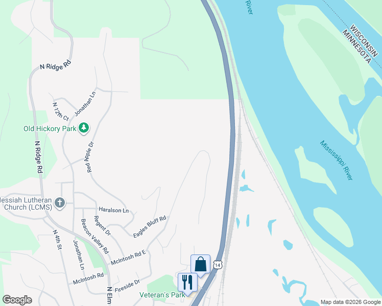 map of restaurants, bars, coffee shops, grocery stores, and more near 130 McIntosh Road East in La Crescent