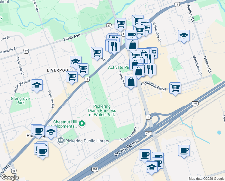 map of restaurants, bars, coffee shops, grocery stores, and more near 1580 Alwin Circle in Pickering