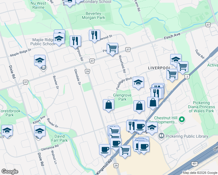 map of restaurants, bars, coffee shops, grocery stores, and more near 1980 Faylee Crescent in Pickering