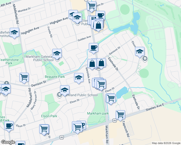 map of restaurants, bars, coffee shops, grocery stores, and more near 109 Marydale Avenue in Markham