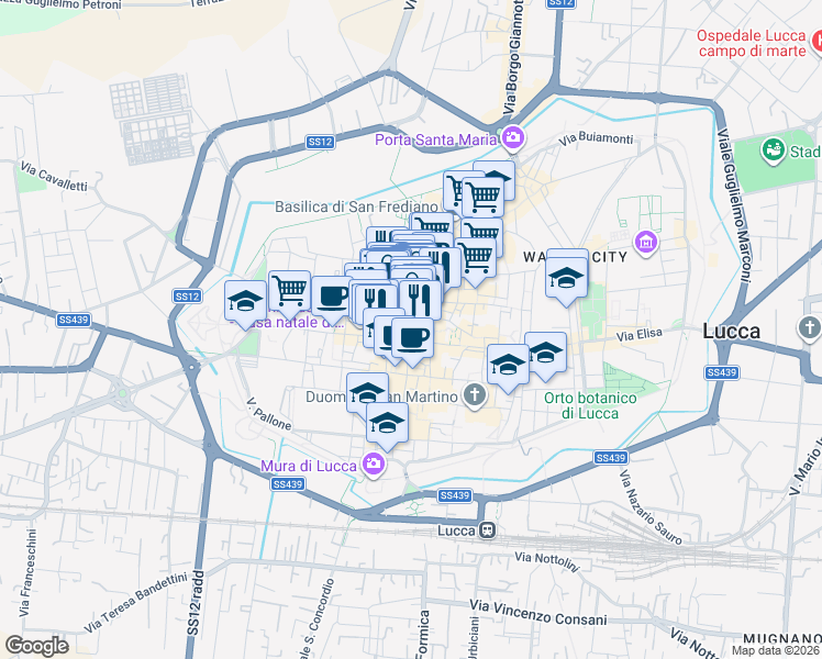 map of restaurants, bars, coffee shops, grocery stores, and more near in Lucca