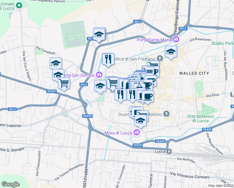 map of restaurants, bars, coffee shops, grocery stores, and more near 124 Via San Paolino in Lucca