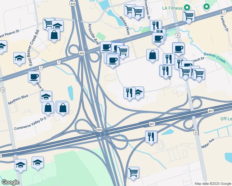 map of restaurants, bars, coffee shops, grocery stores, and more near 525 Cochrane Drive in Markham