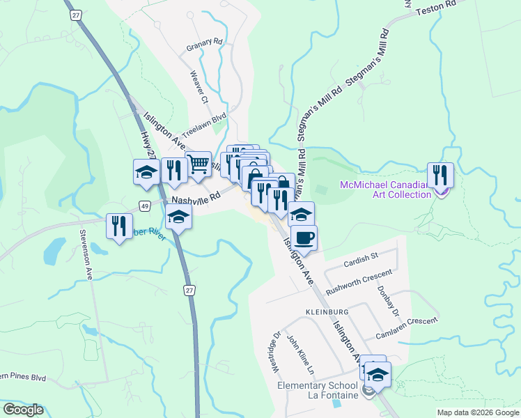 map of restaurants, bars, coffee shops, grocery stores, and more near 10472 Islington Avenue in Vaughan