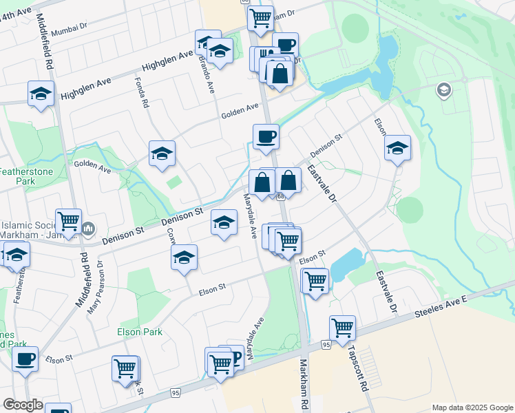 map of restaurants, bars, coffee shops, grocery stores, and more near 7200 Markham Road in Markham