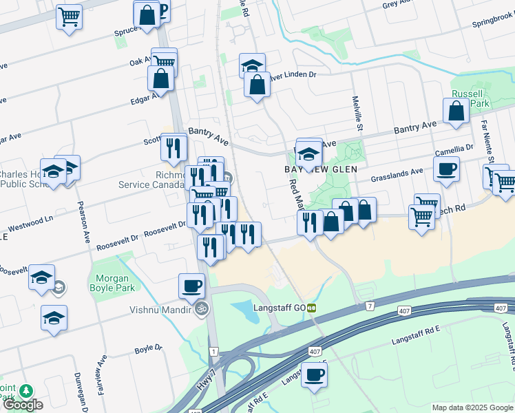 map of restaurants, bars, coffee shops, grocery stores, and more near in Richmond Hill
