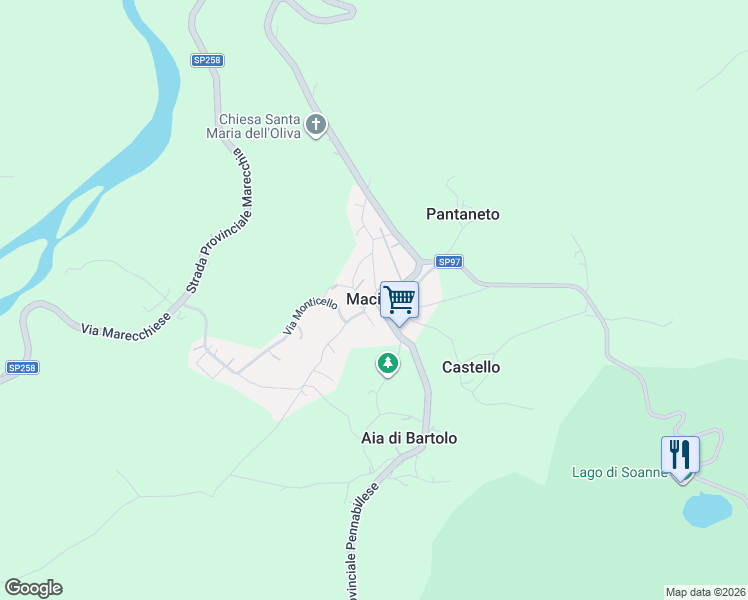 map of restaurants, bars, coffee shops, grocery stores, and more near 16 Via del Bossolo in Maciano