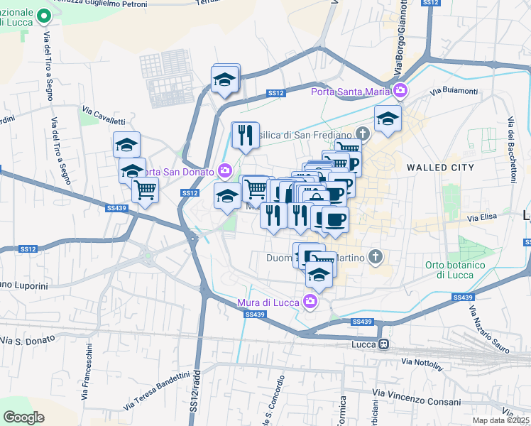 map of restaurants, bars, coffee shops, grocery stores, and more near 124 Via San Paolino in Lucca