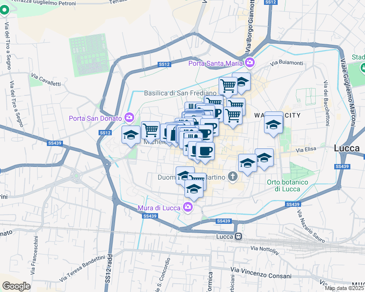 map of restaurants, bars, coffee shops, grocery stores, and more near 32 Via di Poggio in Lucca