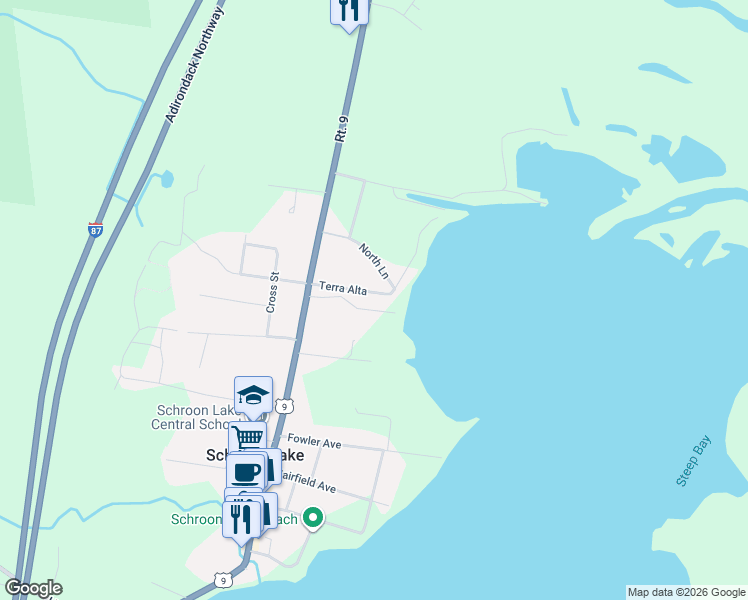 map of restaurants, bars, coffee shops, grocery stores, and more near Adirondack Park Preserve in Schroon Lake