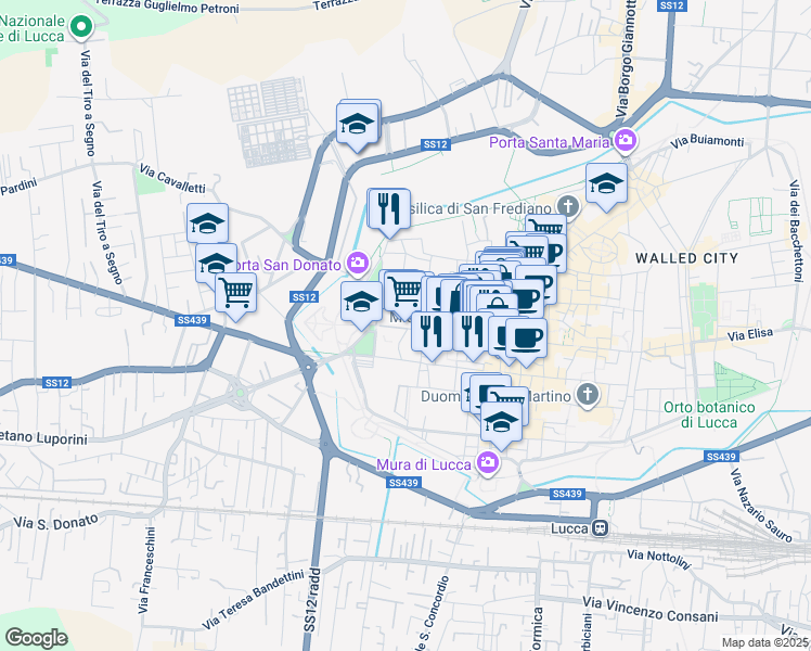 map of restaurants, bars, coffee shops, grocery stores, and more near 124 Via San Paolino in Lucca