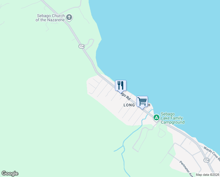 map of restaurants, bars, coffee shops, grocery stores, and more near 61 Sebago Road in Sebago