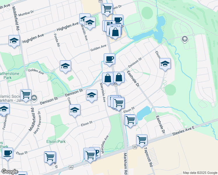 map of restaurants, bars, coffee shops, grocery stores, and more near 7200 Markham Road in Markham