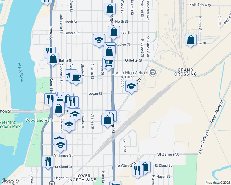 map of restaurants, bars, coffee shops, grocery stores, and more near 1412 George Street in La Crosse