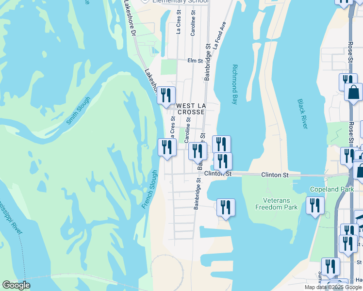 map of restaurants, bars, coffee shops, grocery stores, and more near 1414 Caroline Street in La Crosse