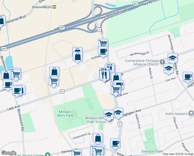 map of restaurants, bars, coffee shops, grocery stores, and more near in Markham