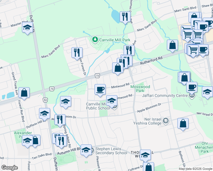 map of restaurants, bars, coffee shops, grocery stores, and more near 10 Rustwood Road in Vaughan