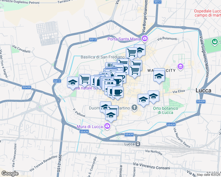 map of restaurants, bars, coffee shops, grocery stores, and more near 32 Via Poggio in Lucca