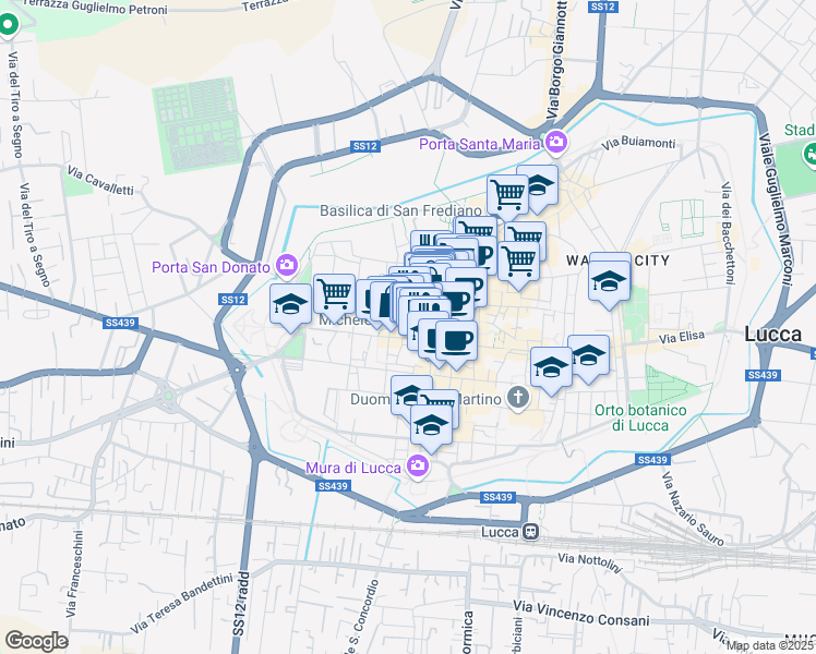 map of restaurants, bars, coffee shops, grocery stores, and more near 32 Via Poggio in Lucca
