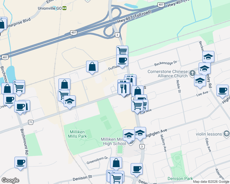 map of restaurants, bars, coffee shops, grocery stores, and more near 11 Maple Park Way in Markham