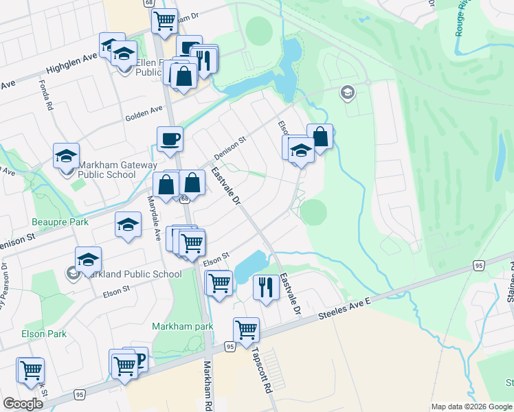 map of restaurants, bars, coffee shops, grocery stores, and more near 10 Guinevere Road in Markham