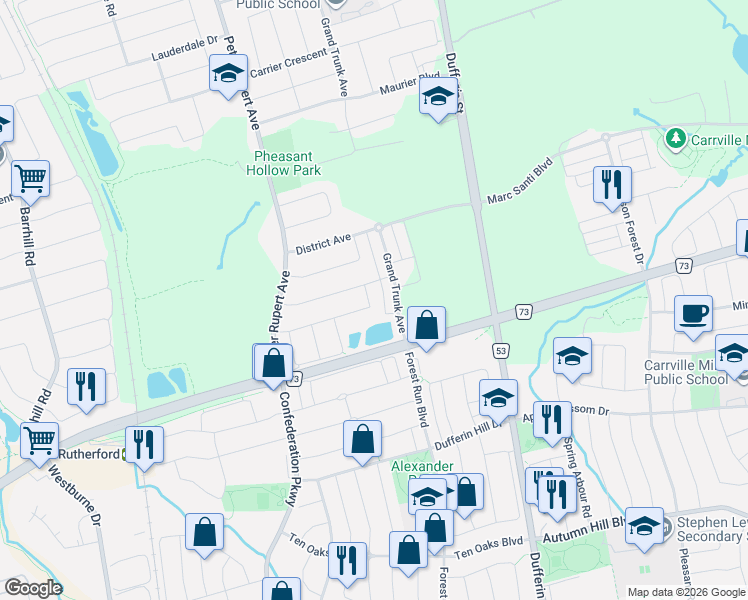 map of restaurants, bars, coffee shops, grocery stores, and more near 123 Warbler Avenue in Vaughan