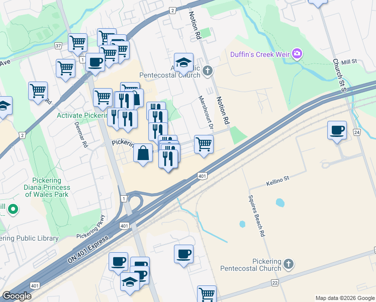 map of restaurants, bars, coffee shops, grocery stores, and more near 1865 Pickering Parkway in Pickering
