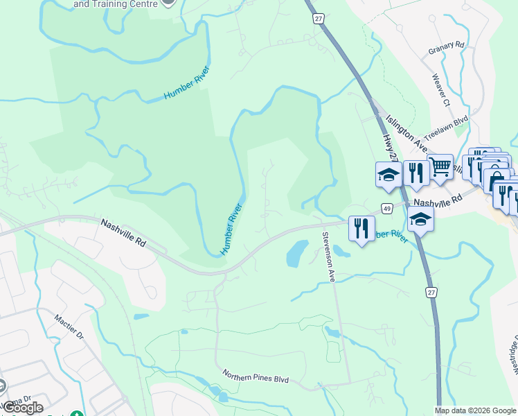 map of restaurants, bars, coffee shops, grocery stores, and more near 60 Klein's Ridge in Vaughan