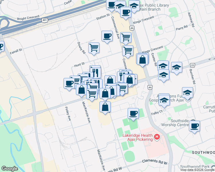 map of restaurants, bars, coffee shops, grocery stores, and more near 18 Lawrencetown Street in Ajax
