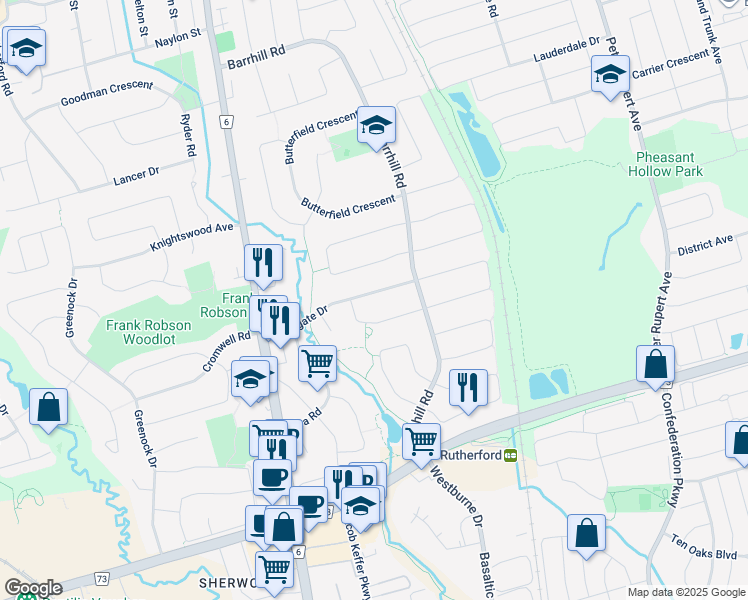 map of restaurants, bars, coffee shops, grocery stores, and more near 123 Fieldgate Drive in Vaughan