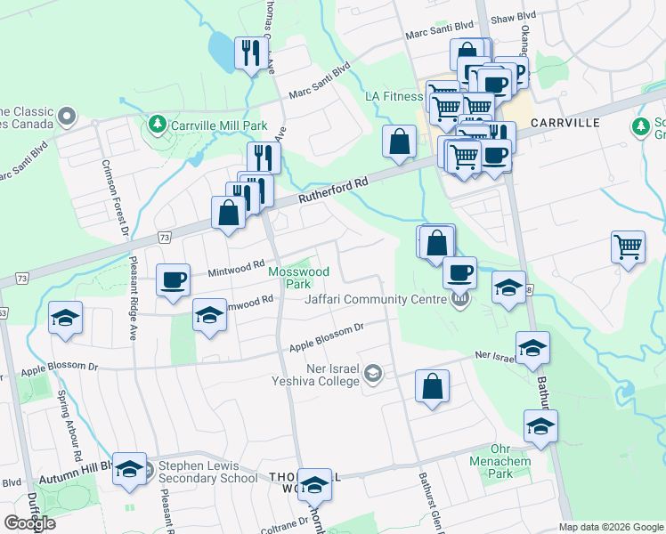 map of restaurants, bars, coffee shops, grocery stores, and more near 34 Hesperus Road in Vaughan