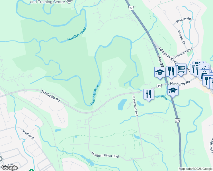 map of restaurants, bars, coffee shops, grocery stores, and more near 60 Klein's Ridge in Vaughan
