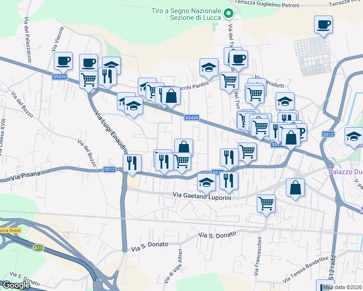 map of restaurants, bars, coffee shops, grocery stores, and more near Via Giovanni Amendola in Lucca