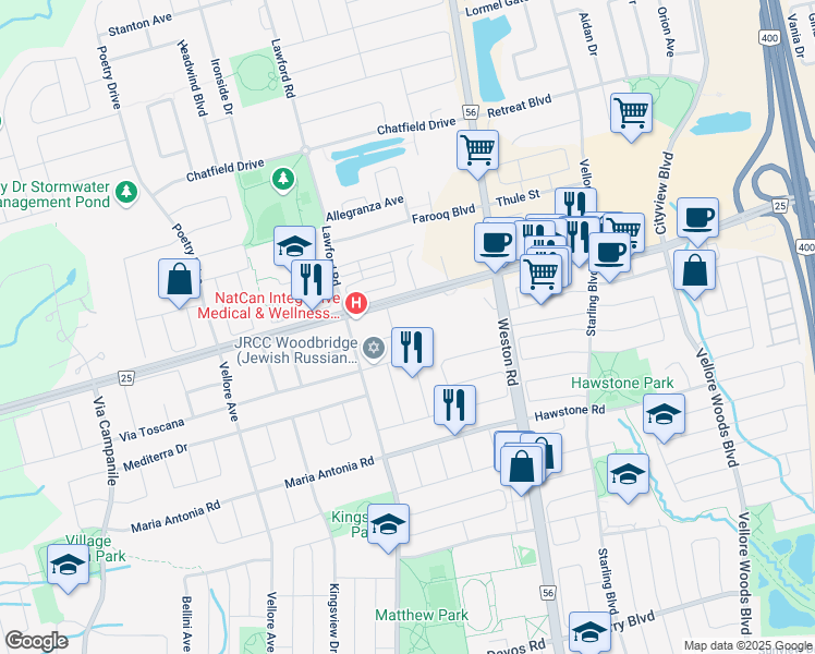map of restaurants, bars, coffee shops, grocery stores, and more near 56 Coranto Way in Vaughan