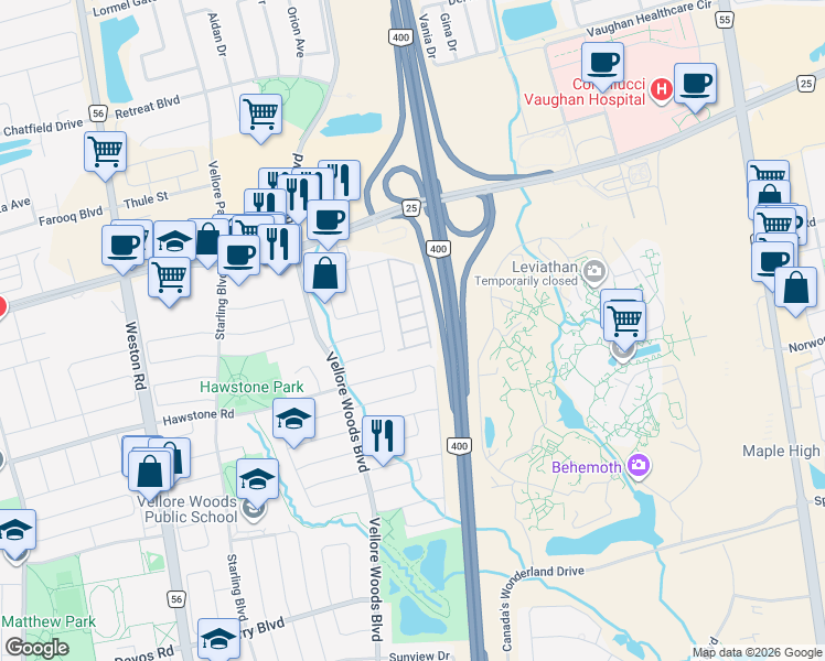 map of restaurants, bars, coffee shops, grocery stores, and more near Gerussi Street in Vaughan