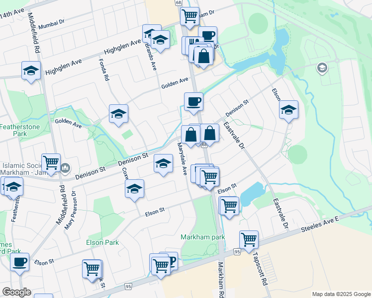 map of restaurants, bars, coffee shops, grocery stores, and more near 7200 Markham Road in Markham