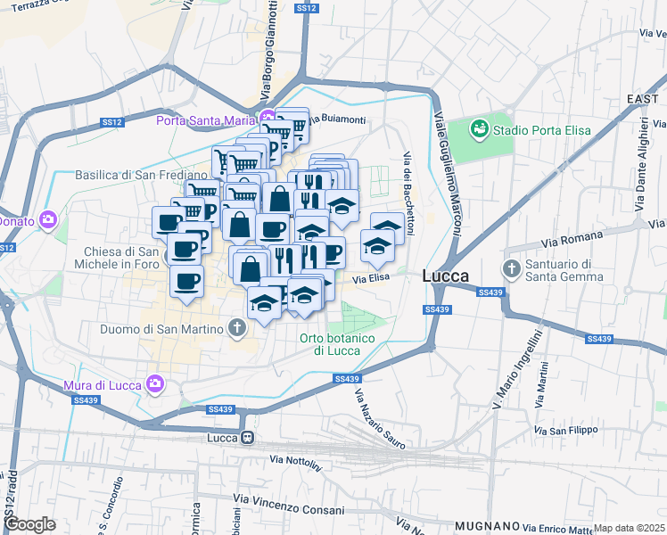 map of restaurants, bars, coffee shops, grocery stores, and more near 9 Via Elisa in Lucca