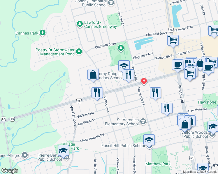 map of restaurants, bars, coffee shops, grocery stores, and more near in Vaughan