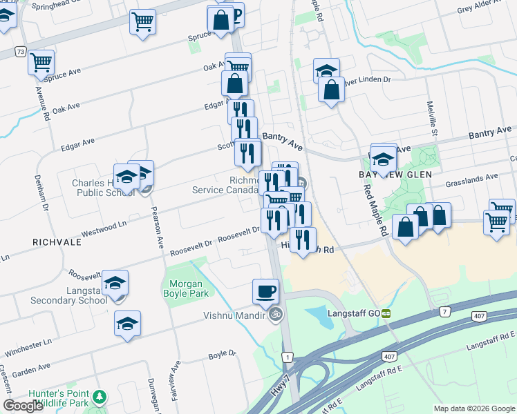 map of restaurants, bars, coffee shops, grocery stores, and more near 8868 Yonge Street in Richmond Hill