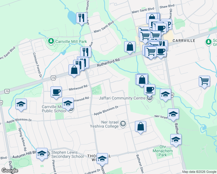 map of restaurants, bars, coffee shops, grocery stores, and more near 18 Hesperus Road in Vaughan
