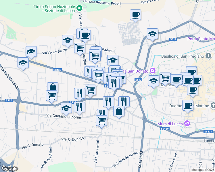 map of restaurants, bars, coffee shops, grocery stores, and more near 82 Viale Giacomo Puccini in Lucca