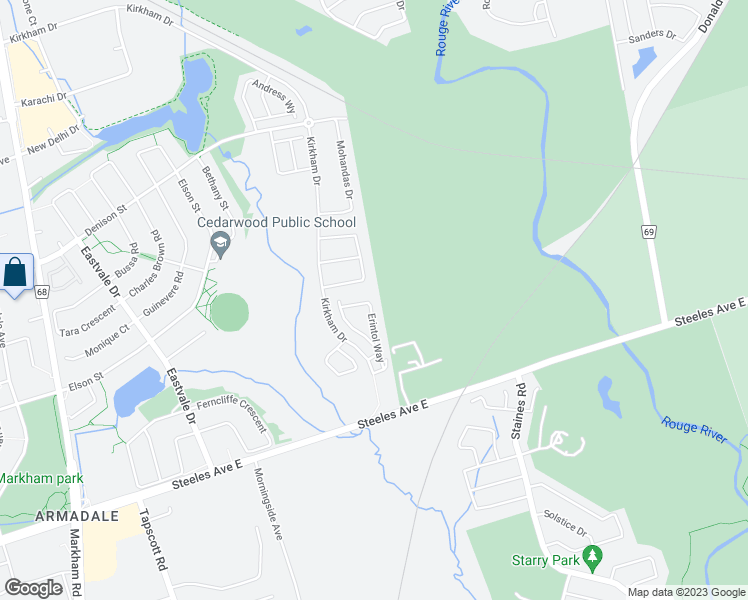 map of restaurants, bars, coffee shops, grocery stores, and more near 43 Erintol Way in Markham