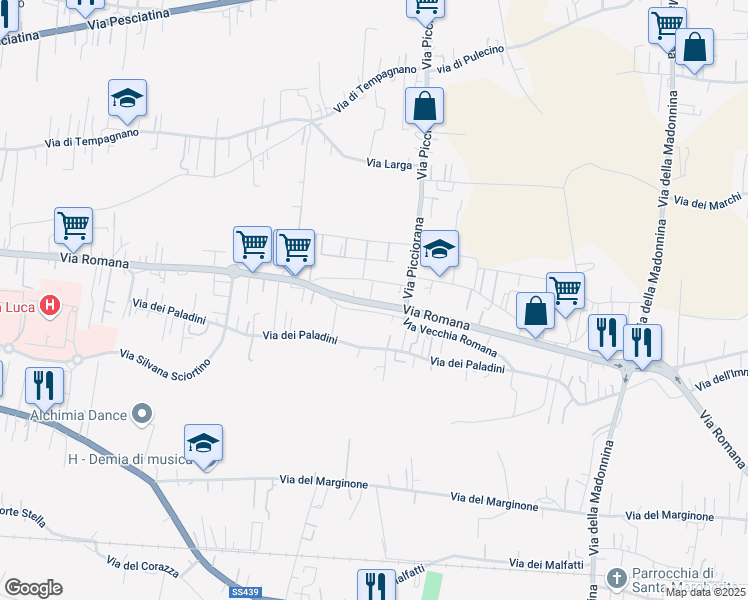 map of restaurants, bars, coffee shops, grocery stores, and more near Strada Provinciale Romana in Lucca