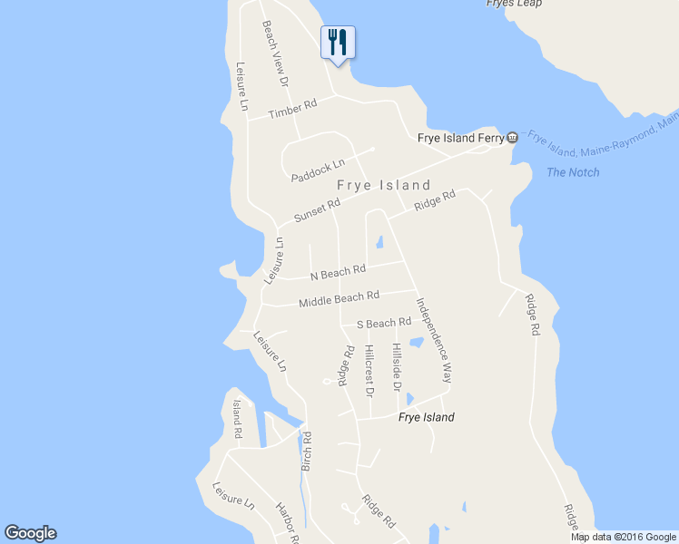 map of restaurants, bars, coffee shops, grocery stores, and more near North Beach Road in Frye Island