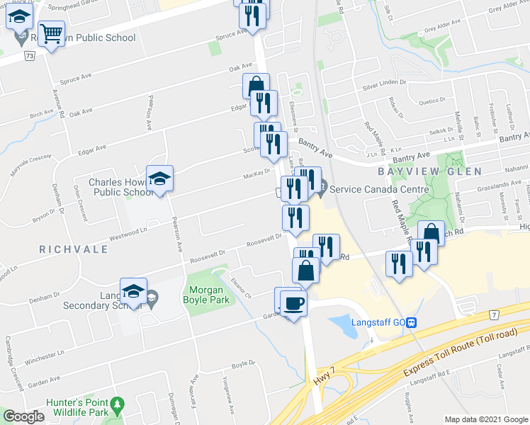 map of restaurants, bars, coffee shops, grocery stores, and more near 8874 Yonge Street in Richmond Hill