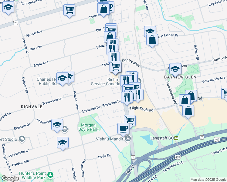 map of restaurants, bars, coffee shops, grocery stores, and more near 8874 Yonge Street in Richmond Hill
