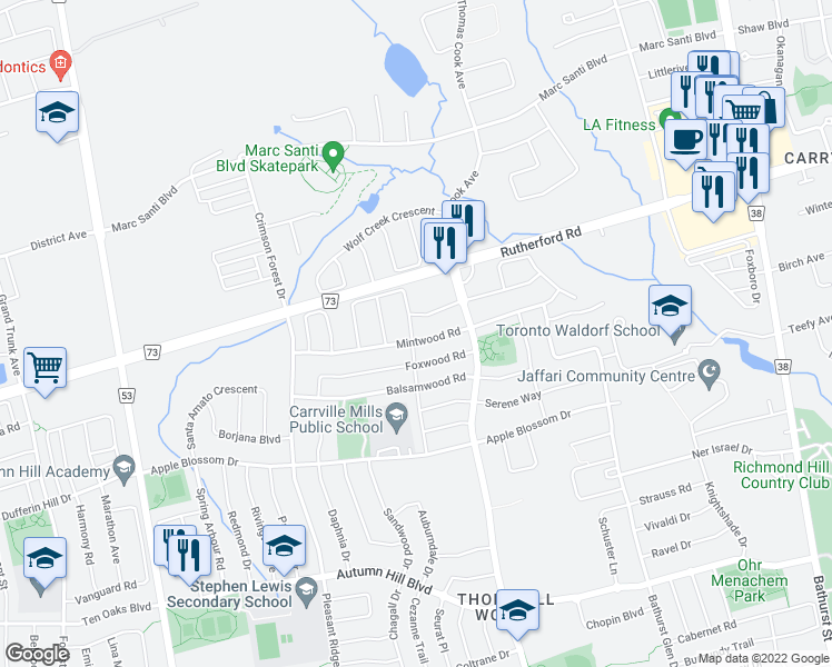 map of restaurants, bars, coffee shops, grocery stores, and more near 56 Mintwood Road in Vaughan