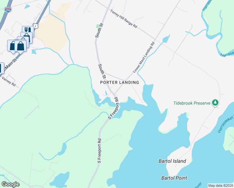 map of restaurants, bars, coffee shops, grocery stores, and more near 4 Porters Landing Road in Freeport