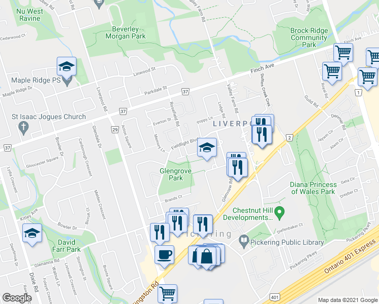 map of restaurants, bars, coffee shops, grocery stores, and more near 1905 Rosefield Road in Pickering